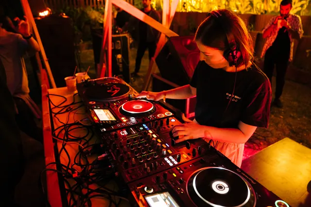 An overhead view of the mixer and turntables