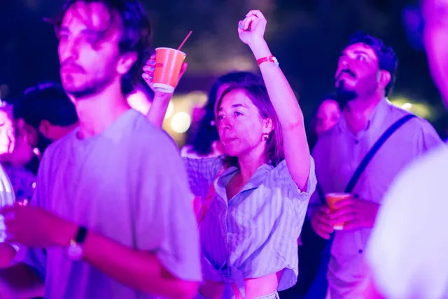 The crowd dancing under purple light